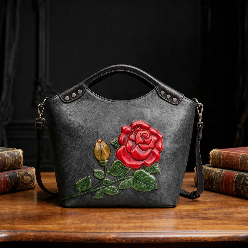 Large Capacity Genuine Leather Crossbody Bag for WomenCowhide Tote with 3D Embossing  Hand-Painted Mother Gift Shoulder Purse