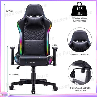 210 Gaming Chair Ergonomic Office Computer Desk Seat Adjustable Backrest Headrest RGB LED Light Imitation Leather Gamer