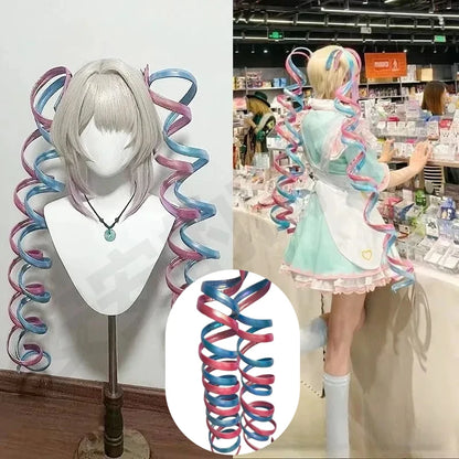 Handmade Ame Laser Double Ponytails Hairclip Anime KAngel Rain Cosplay Wig Shiny Ribbon Pink Blue Hair Halloween Roleplay Props