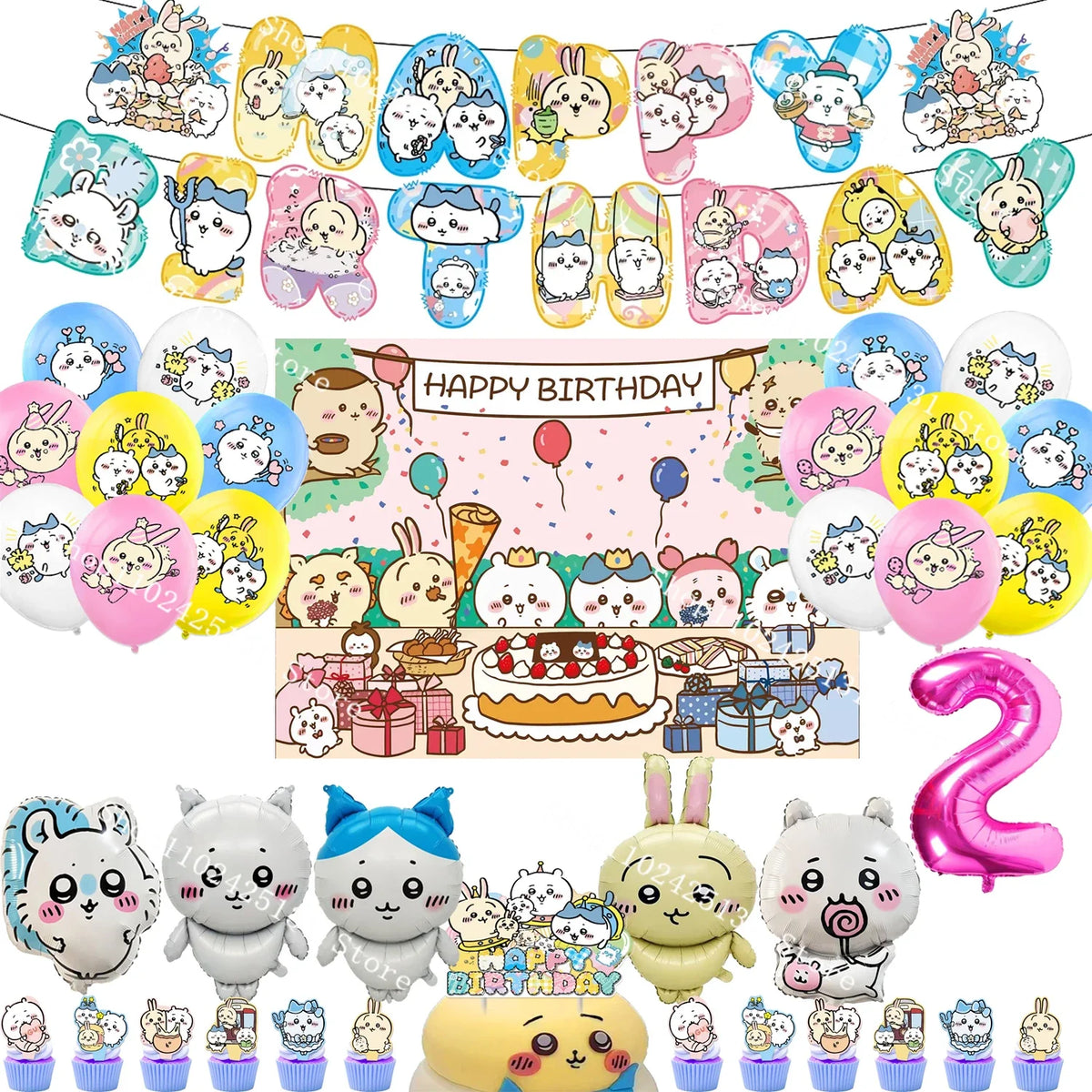 Chiikawa kawaii Happy Birthday Party Decorations Cute plate Banner Cake Topper Flag Balloons Disposable tableware Decorations