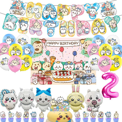 Chiikawa kawaii Happy Birthday Party Decorations Cute plate Banner Cake Topper Flag Balloons Disposable tableware Decorations