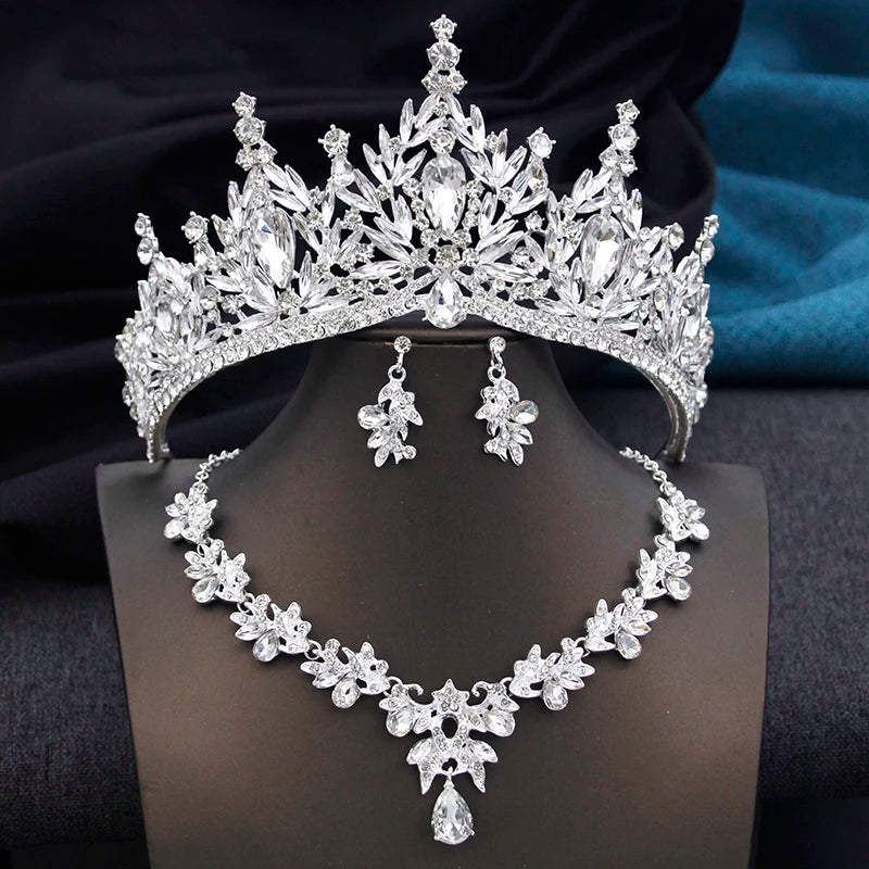Royal Queen 3 Pcs Tiaras and necklace earrings for Bridal Jewelry Sets Women Brides Wedding Crown Prom Birthday Accessories