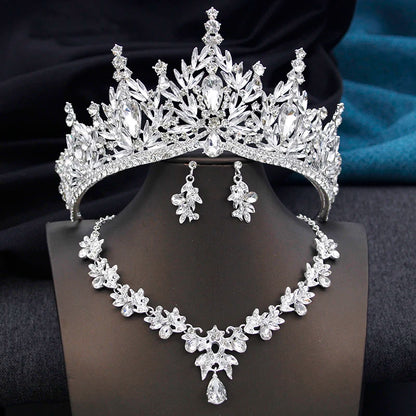 Royal Queen 3 Pcs Tiaras and necklace earrings for Bridal Jewelry Sets Women Brides Wedding Crown Prom Birthday Accessories