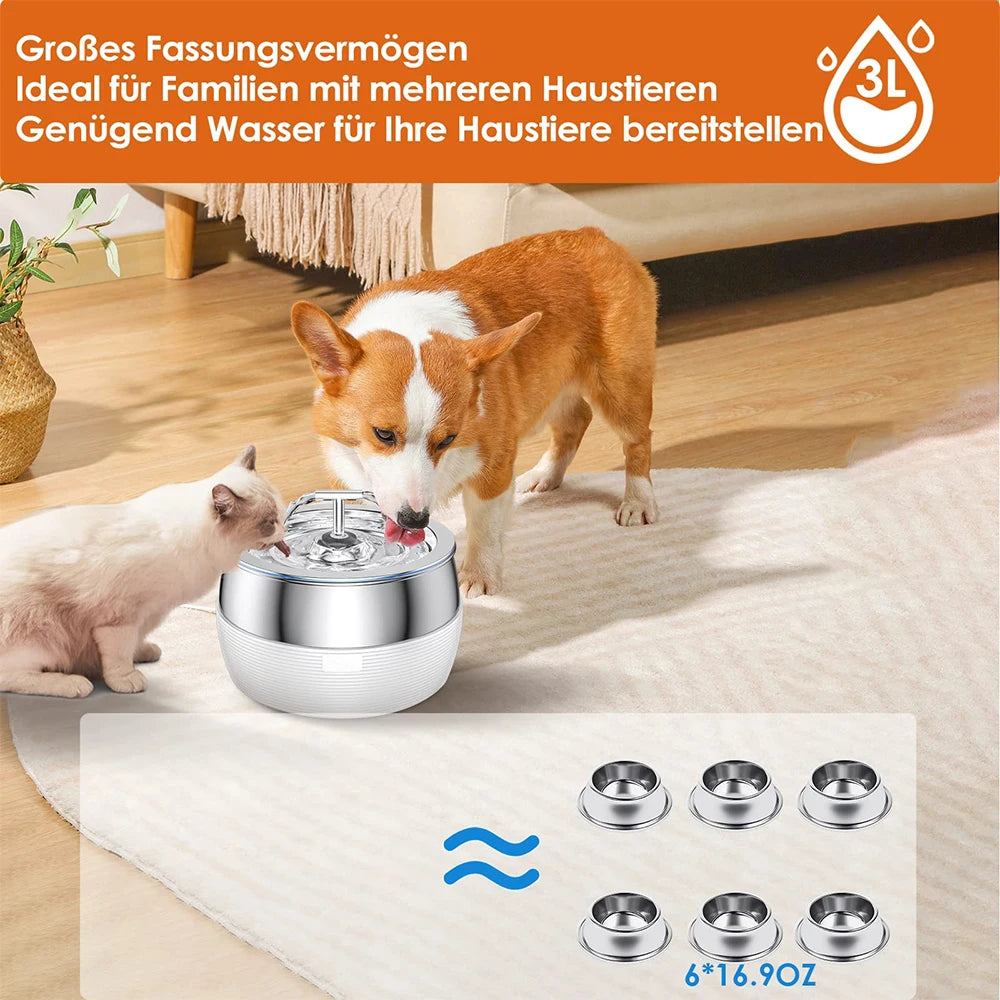 3L Stainless Steel Pet Cat and Dog Drinking Fountain Ultra-Silent Water Pump Suitable for Multiple Pet Drinking Bowls