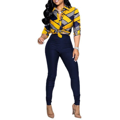 Women's Spring Summer New Set Fashion Color Blocked Printed Long Sleeve Collar Single Breasted Shirt Casual Pants Two Piece Set