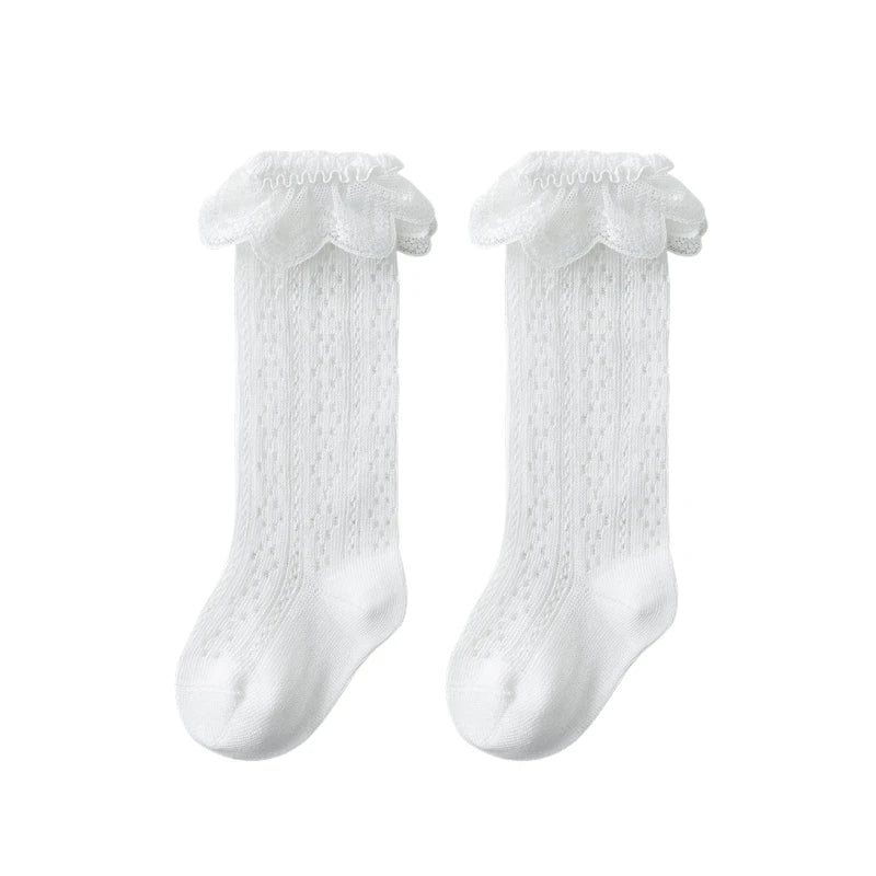 Summer Baby Girls Socks Toddler Bow Long Sock Kids Knee High Soft Cotton Mesh Stocking Spanish Style Hollow Out Lace Socks 0-3Y