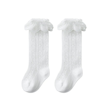 Summer Baby Girls Socks Toddler Bow Long Sock Kids Knee High Soft Cotton Mesh Stocking Spanish Style Hollow Out Lace Socks 0-3Y