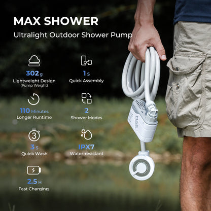 FLEXTAIL Outdoor Camping Shower Portable Without Box Electric Shower Pump IPX7 Waterproof for Outdoor Shower, Car Wash, Dishwash