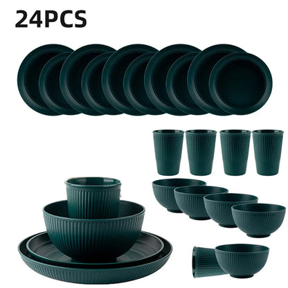 24Pcs Wheat Straw Dinnerware Set for 4: Plates, Bowls, Cups. Unbreakable Plastic for Kitchen & Outdoor Camping
