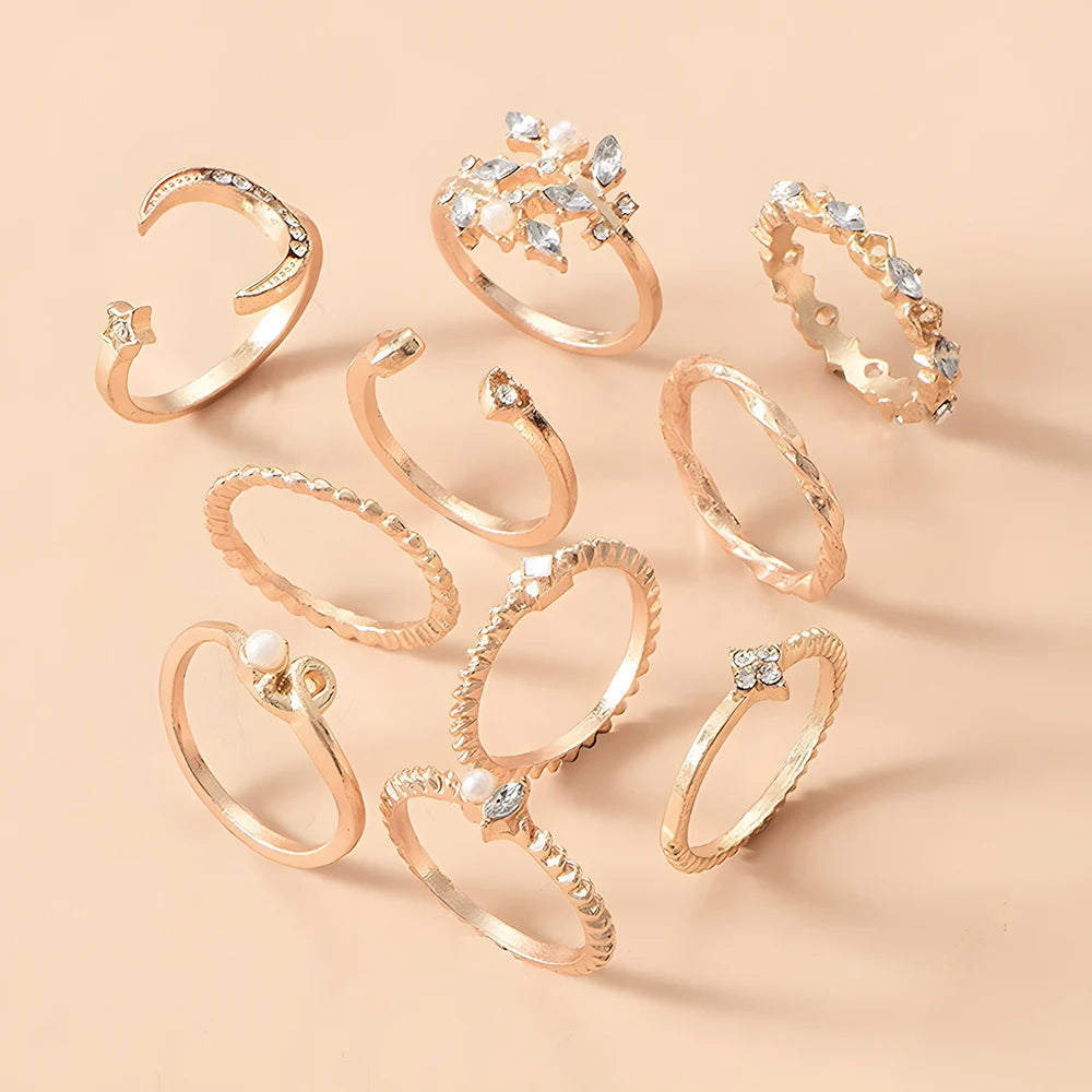 10pcs Rings Suit for Women Gold-Color Chain Ring Set Bohemian Style