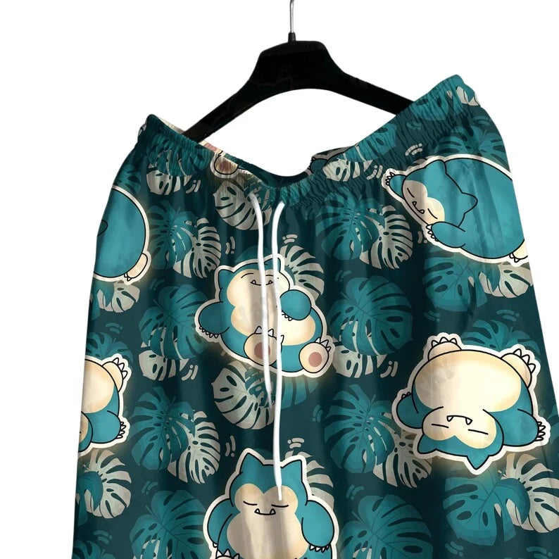 Summer Hot Selling Snorlax Men's Hawaiian Shirt Shorts Set Women Home Casual Loose Fitting Anime Pajamas T-shirt Shorts Set Gift
