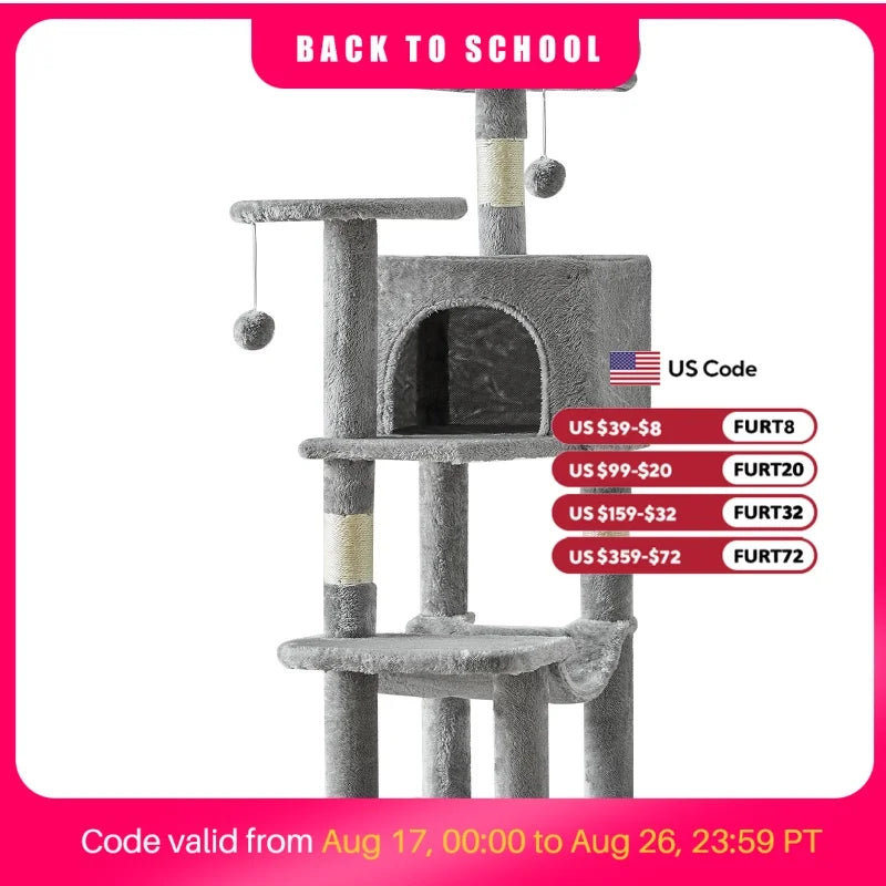 JHK 44In Cat Tree Tall Multi-Cat Climbing Tower for Pet Furniture Natural Sisal Scratching Posts Stable Pet House for Indoor Cat