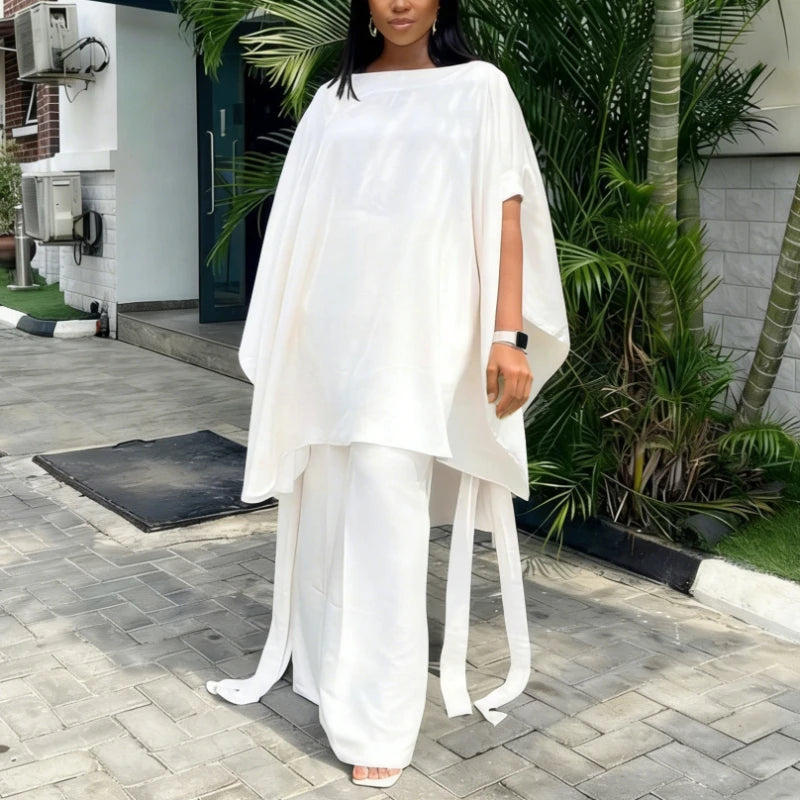 Two Piece Set Women O Neck Short Sleeve Loose Maxi Tops Wide Leg Pants Suit Fashion Elegant Simple Casual Africa Church Outfits