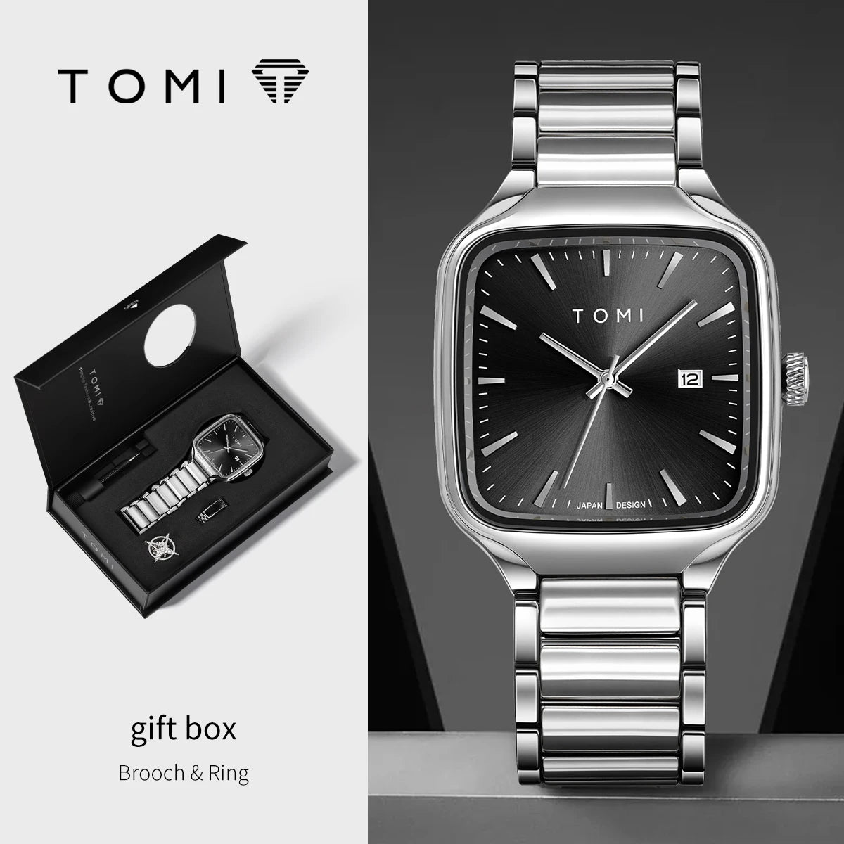 TOMI Men's Quartz Watch New Fashion Box Set Cufflinks Ring Fashion Set Box Watch as a Gift for Men's Gift Box