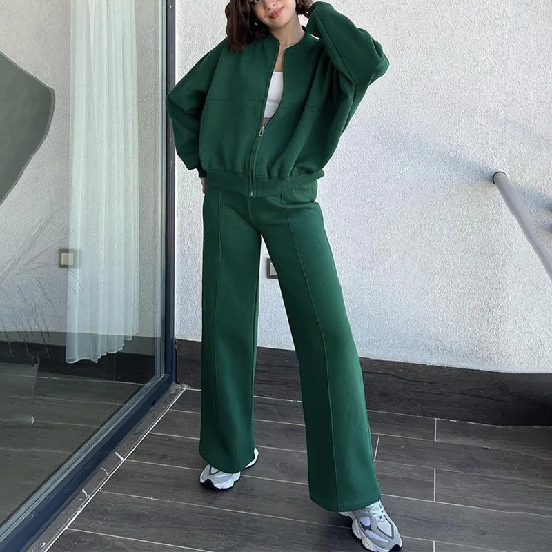 Fashion Women's Suit Zipper Trousers Round Neck Sweatshirt Wide Leg Trousers 2 Piece Set Conjuntos De Pantalón Fall Clothes 2025