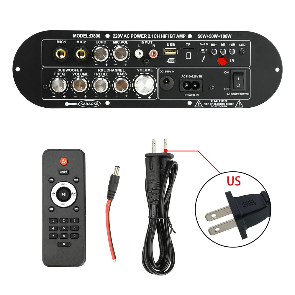 D800 Bluetooth 5.0 Digital Amplifier Board 2.1 Channel 50W+50W+100W HiFi Subwoofer Audio AMP for Home and Outdoor Sound Systems