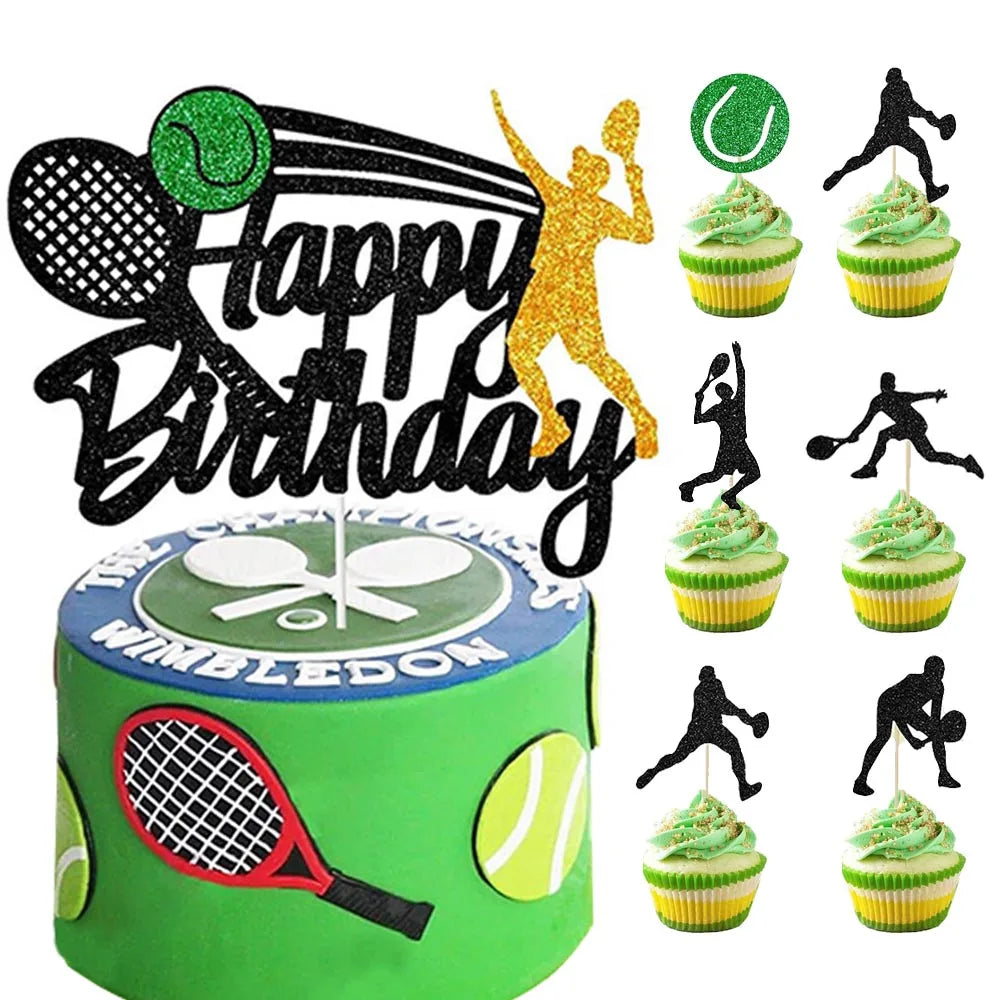 Tennis Cake Topper Happy Birthday Sign Cake Decorations Boy Man Tennis Racket Ball Player Sport Theme Birthday Party Supplies