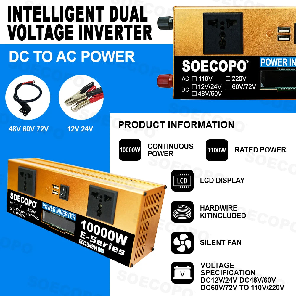 SOECOPO 10000W Complete Solar Kit 2×500W Panels, 12V/24V To 110V/220V Inverter Two Socket 100A Controller – For Home Camping