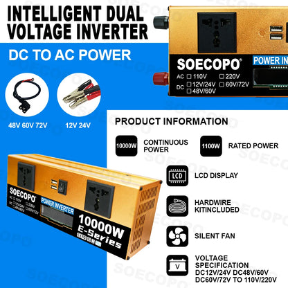 SOECOPO 10000W Complete Solar Kit 2×500W Panels, 12V/24V To 110V/220V Inverter Two Socket 100A Controller – For Home Camping