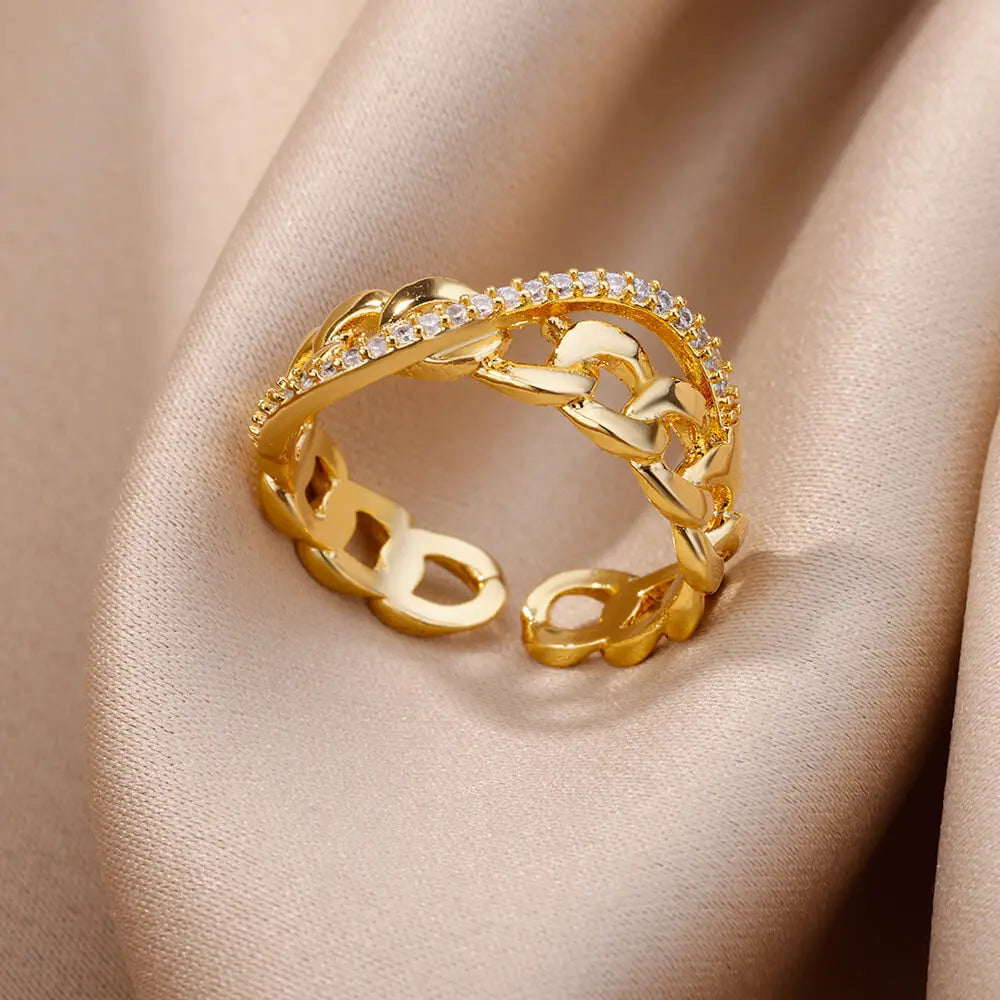 Gold Plated Stainless Steel Crystal Rings For Women Chain Geometry Zircon Finger Ring Jewelry Gift anillos mujer 2025 New Trendy