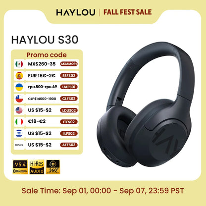 HAYLOU S30 Wireless Bluetooth 5.4 Headphones 43dB Adaptive Noise Cancelling Headsets 40mm Driver 80H Playtime Earphones