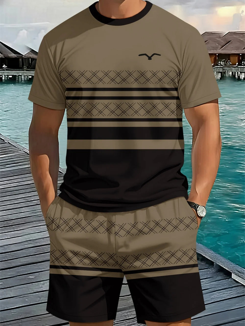 Men's Classic Stripe Printed T-Shirt Shorts Set Plus Size Short Sleeve T-Shirt and Drawstring Shorts Summer Casual Two Piece Set