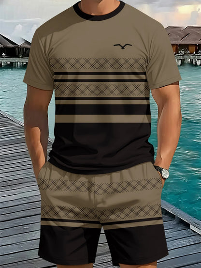Men's Classic Stripe Printed T-Shirt Shorts Set Plus Size Short Sleeve T-Shirt and Drawstring Shorts Summer Casual Two Piece Set
