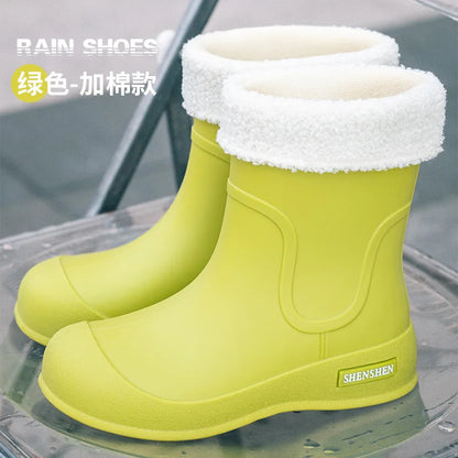 Fashionable women's rain boots for outdoor wear, mid-calf waterproof and anti-slip rubber shoes for kitchen work, water boots