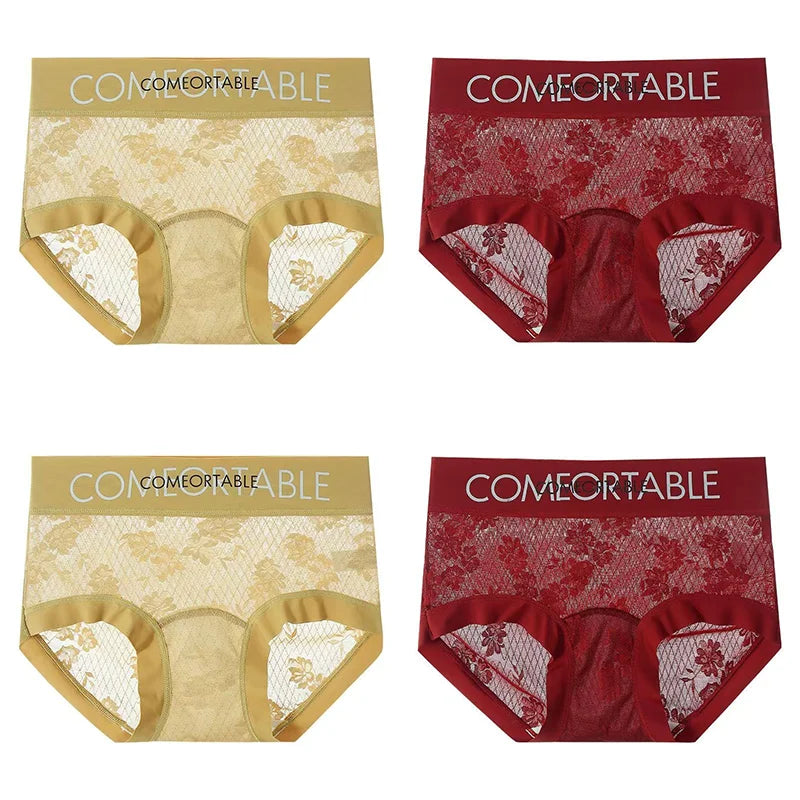 4PCS Women Seamless Panties Transparent Briefs Plus Size Lace Antibacterial Panties