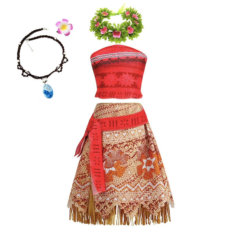New Movie Moana 2 Dress for Girls Adventure Costume Girl Princess Fancy Clothes Children Vaiana Carnival Party Necklace Pig Set