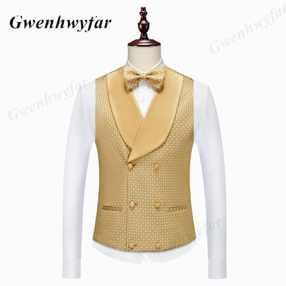 Gwenhwyfar Wheat-gold Patterns Suits of Men 2026 Autumn Party Suits Include Plain Gold Lapel Blazer Patterns Vest Slim Pants