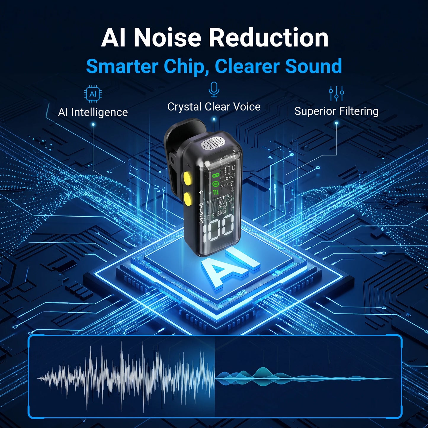 Wireless Lavalier Microphone, AI Noise‑Reduction Lapel Mic With Charging Case, Plug‑and‑Play for iPhone Android Vlog Live Stream