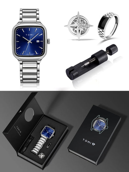 TOMI Men's Quartz Watch New Fashion Box Set Cufflinks Ring Fashion Set Box Watch as a Gift for Men's Gift Box