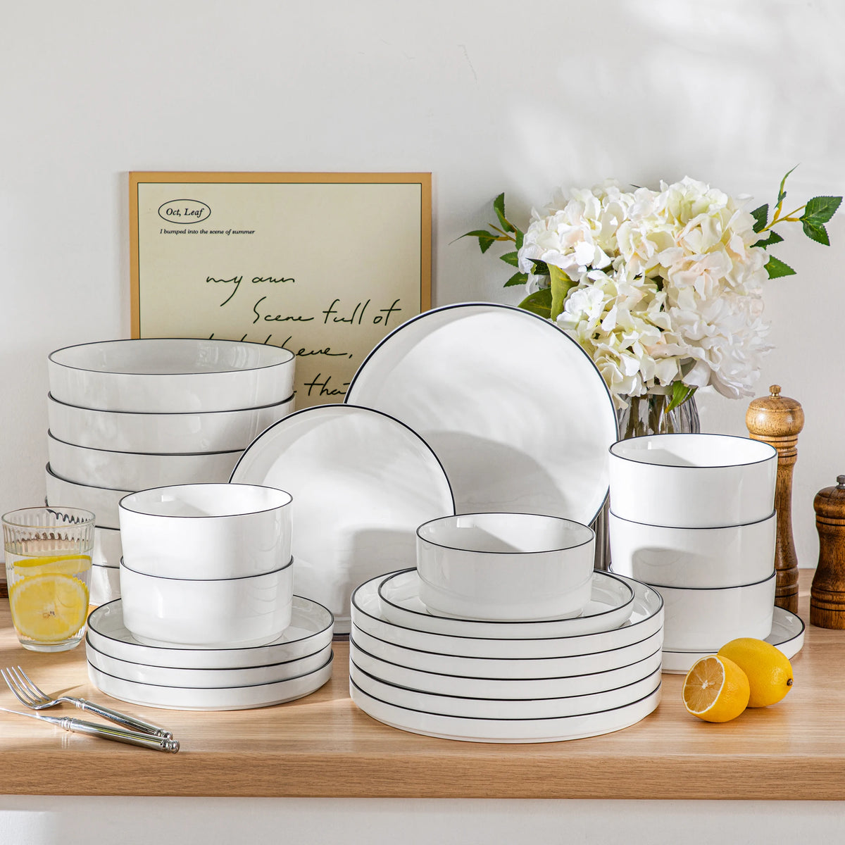 MALACASA 12/16/18/24 Piece Dinner Plates Sets Black Rim Half Standing Edge Dinnerware with 4/6PCS Dinner Plate/Dessert/Soup/Bowl