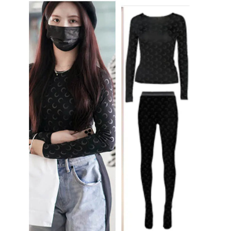 Sweet Two Piece Set Women American Retro Layered Outfit Long Sleeve Moon Print Top Ice Silk Pants Sexy Casual Autumn Fashion