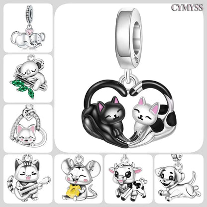Hot Sale 925 Sterling Silver Dog Cat Cute Pet Animals Pendant Birthday Party Gift for Women Bangle Bracelet Necklace DIY Jewelry