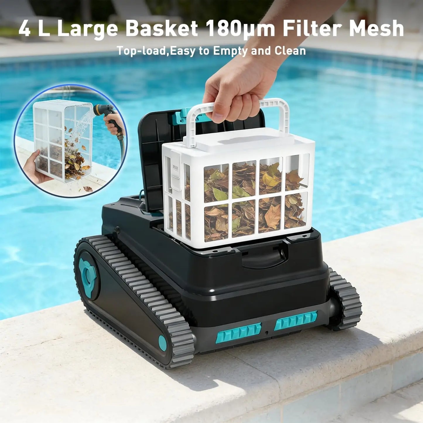 Cordless robotic pool cleaner for above-ground and in-ground pools; features automatic parking; maximum cleaning coverage of 19.8 meters / 1,100 square meters (tracked model).