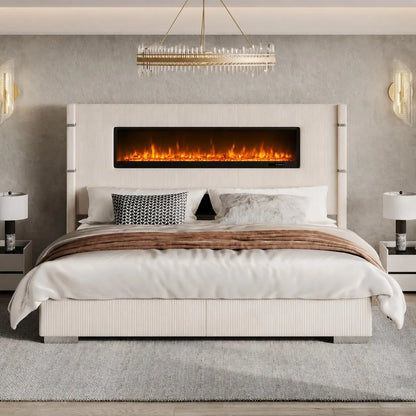 60.4“ King Size Upholstered Bed Frame with Fireplace, Grey | Modern Bed Frame with Extra Tall Headboard, Wingback, Customized