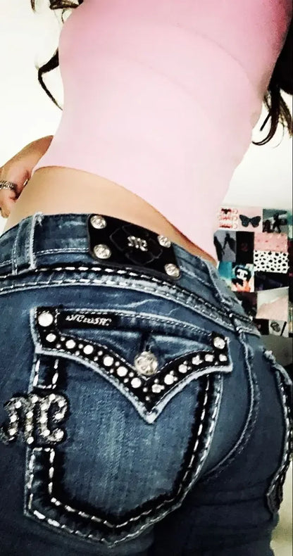 Women Vintage Hip Hop Slim Wrap Buttocks Flared Jeans Y2k Gothic Diamond Letter Embroidery Low Rise Sexy Denim Pants Streetwear