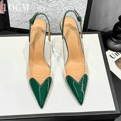 2026 Summer New Fairy-style Heart-shaped Pointed Toe Thin Heel Sandals for Women Transparent Patchwork Headpiece Back High Heels