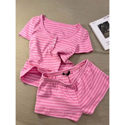 Pink Striped Short Sleeve T-shirt Shorts Set Woman Buttons Slim Tees+Elastic Straight Short Pant Cotton Home Pajama 2 Piece Sets