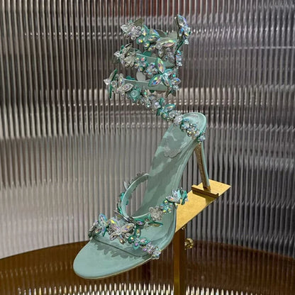 Women Thin High Heels Elastic Strap Gladiator Sandals Bling Rhinestone Flower Decor Sandalias  Summer Bridesmaid Dress Shoes
