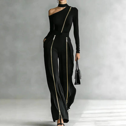 Women's Two-piece Slim-fit Long-sleeved Double-zipper Wide-leg Pant 2026 Spring Elegant Fashion Stand-up Collar Solid Color Suit