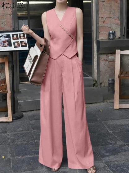 ZANZEA Women Trendy Pant Sets Irregular Buttons Vests and Wide Leg Pant 2-Pieces Suits 2025 Spring Summer Streetwear 2pcs Outfit