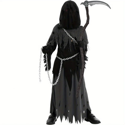 Halloween Costume Glowing Eyes Grim Reaper Costume for Kids 5-12 years Boys Halloween Dress-up Party