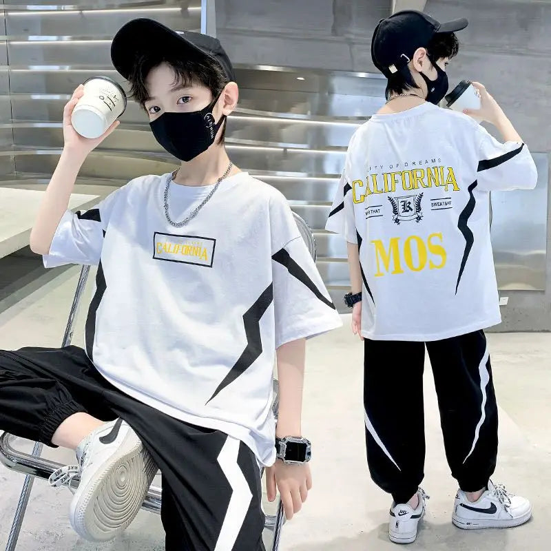 2026 Summer Boys Clothes Set Letter Top & Pants 2 Pieces Suit Teenage Boy Print Tracksuit Cool Boy Style Children Outfit