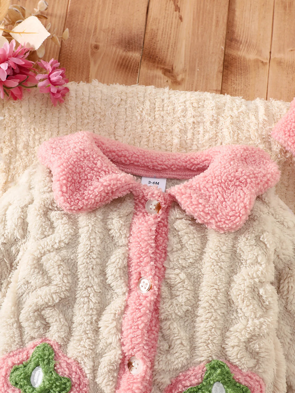 Baby Thick Double-Sided Fleece Doll Collar Romper Set Sweet 3D Strawberry Pocket Cable Knit Romper + Matching Warm Hat Soft and Warm for Winter Outings