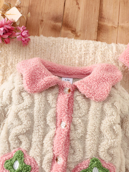 Baby Thick Double-Sided Fleece Doll Collar Romper Set Sweet 3D Strawberry Pocket Cable Knit Romper + Matching Warm Hat Soft and Warm for Winter Outings