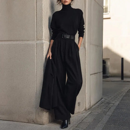 2026 2 Piece Set Women's High-Neck Turtleneck Long Sleeve High-Waist Belted Pants Suit Set Women Casual Matching Set Streetwear