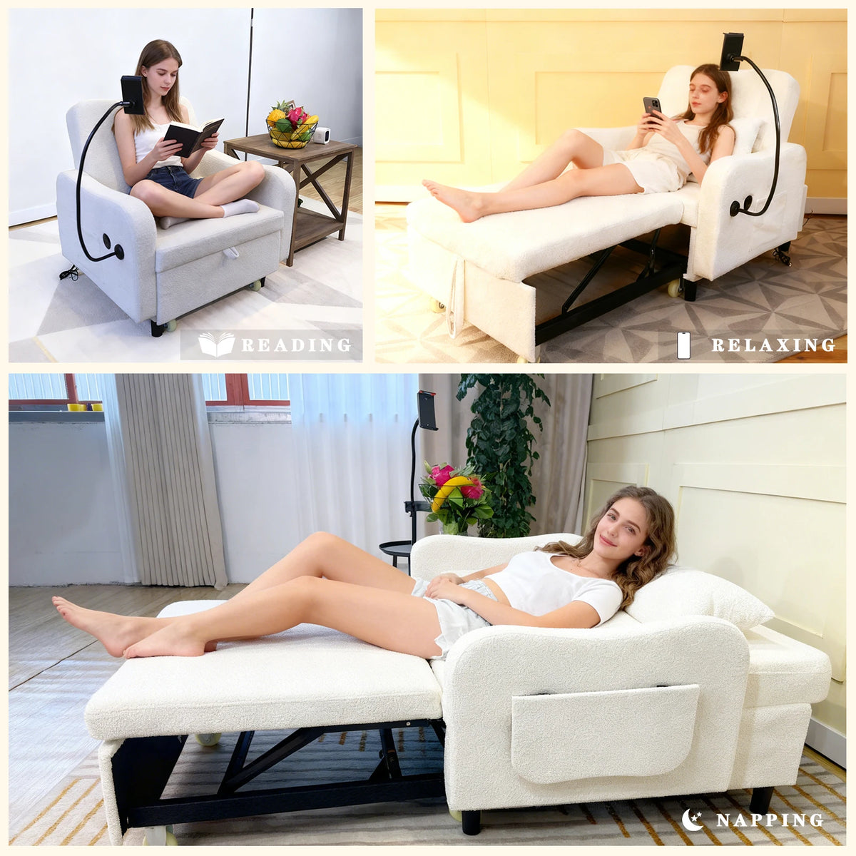 3-in-1 Convertible Sofa Bed, Sleeper Sofa Chair with Phone Holder & USB Port, Sofa Side Table, Pull Out Sofa Bed with Moving Wheels, Adjustable Backrest for Living Room, Bedroom